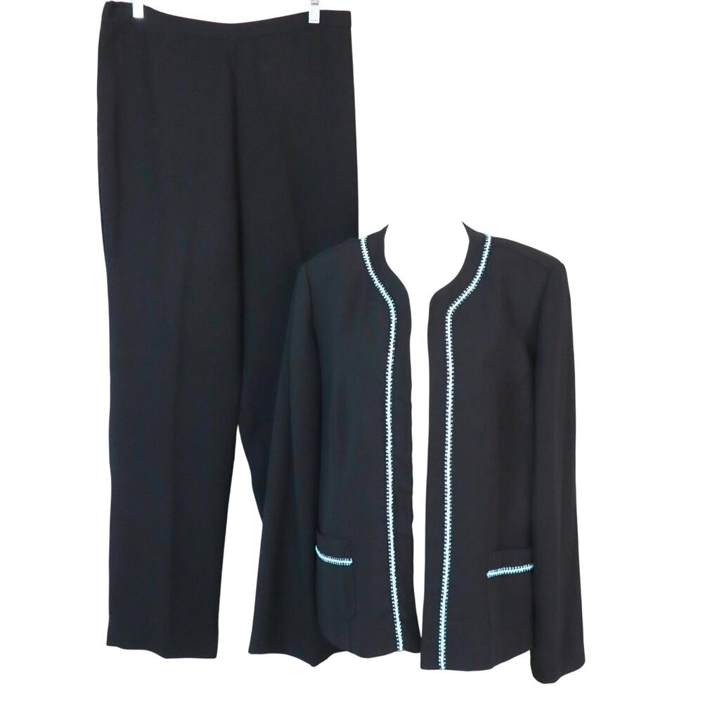 Studio 1 Pant Suit Set Straight Turquoise Blue Embroidered Womens 14 Open Front